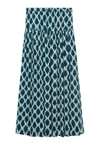 Mid-length skirt in dark teal with a white abstract pattern, featuring a gathered waistband and pleated design for volume.