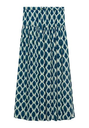 Mid-length skirt in dark teal with a white abstract pattern, featuring a gathered waistband and pleated design for volume.