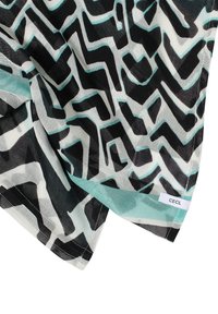 Sheer scarf featuring a black, white, and mint zigzag pattern. Finished edges with a label reading "CECIL" on the hem.