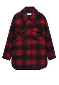 Rød og sort rutet flannel skjorte med krave, to forlommer, knaplukning og oversized pasform. Blødt stof.