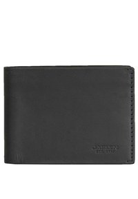 Cartera de cuero negro con una textura suave, diseño de doble pliegue, acentos de costura azul y logotipo en relieve en la esquina inferior derecha del frente.