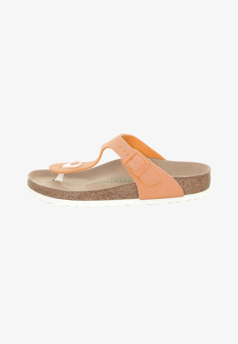 Orange fabric thong sandal with a cork footbed and white rubber sole. Features a buckle for adjustment and a decorative top accent.