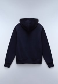 Námornícky modrá mikina s vačkou na klokan, kapucňou na šnúrku a rebrovanými manžetami a spodným lemom. Hladká textúra tkaniny, minimalistický dizajn.