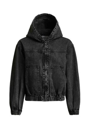 Zwarte denim hoodie met wassing, voorrits, elastische manchetten en zoom, en twee grote voorzakken.