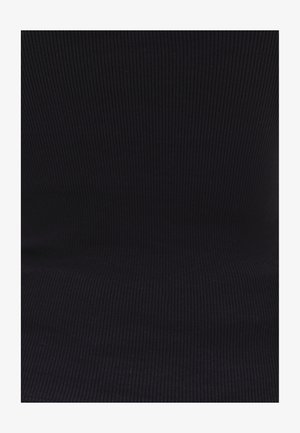 Zwart ribbelstof met verticale textuur, wat een gladde en rekbare uitstraling creëert. Het materiaal lijkt op brei- of jersey-stof en is geschikt voor aansluitende kleding.