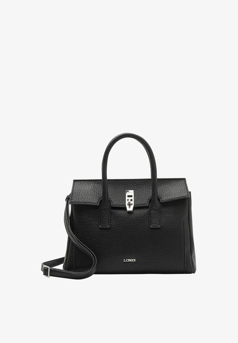 Schwarze strukturierte Lederhandtasche mit doppelten Obergriffen, abnehmbarem Schultergurt, silbernem Zubehör und einem Klappenverschluss mit einem Schlossdetail.