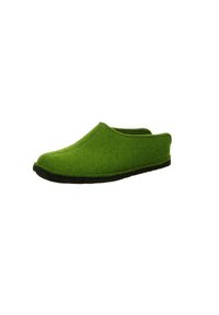 Pantofole verde in feltro con una superficie liscia, punta chiusa e suola in gomma nera, caratterizzate da un design semplice e una forma curva sobria.