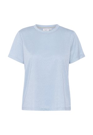 Helles blaues T-Shirt mit kurzen Ärmeln aus einem schimmernden Stoff. Klassischer Rundhalsausschnitt und schlichtes Design ohne sichtbare Muster oder Akzente.