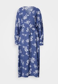 Μπλε φορεμα με λουλούδια, φτιαγμένο από ελαφρύ ύφασμα, με μακριά μανίκια, V-λαιμόκοψη και ζώνη που δένει στη μέση. Λευκά λουλούδια σε όλη την επιφάνεια.