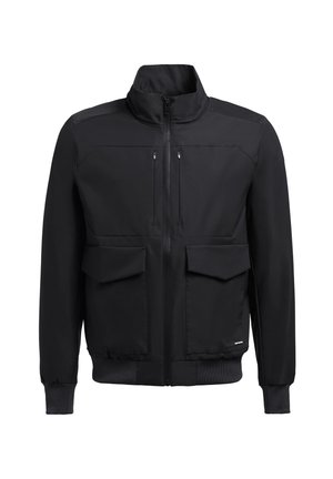 Czarna kurtka bomberka wykonana z gładkiego materiału. Posiada zamknięcia na zamek błyskawiczny, wysoki kołnierz oraz ściągacze przy mankietach. Minimalistyczny design bez widocznych logo.