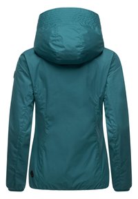 Teal insulated jacket with a hood, featuring a smooth texture, elastic cuffs, and a logo patch on the left side near the hem.