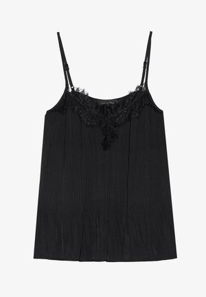 Svart cami med justerbare spaghetti-stropper, med blondekant langs utringningen og plissert tekstur i hele stoffet.