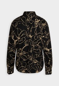 Camicia nera con un motivo floreale in beige, colletto button-down e maniche lunghe. Tessuto morbido con una vestibilità strutturata e orlo curvo.