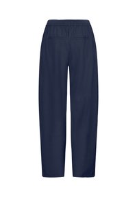 Pantalon large bleu marine en tissu lisse, avec une ceinture élastique et deux poches arrière. Design épuré et simple.
