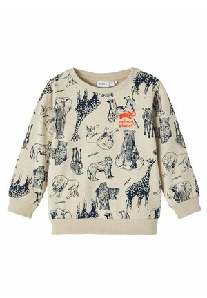 Béžová mikina s tmavými náčrty zvířat, včetně slonů a lvů, s oranžovým logem "Animal Planet" na přední straně.