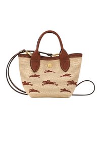 Sac en toile beige tissé avec des accents en cuir marron foncé, double anses et une bandoulière amovible ; présente un motif de cheval répété en marron.
