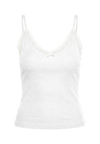 Camisole blanche côtelée avec bordure en dentelle le long du décolleté en V et fines bretelles réglables, avec un petit nœud au centre devant.