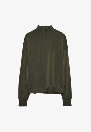Olijfgroene coltrui van gladde stof, met ribbelkraag en manchetten, en een ontspannen pasvorm met verlaagde schouders.