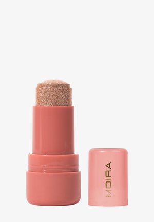 Schimmernder Highlighter-Stift in cremefarbenem Roségold mit pinkfarbenem Drehbehälter und passendem Deckel, beschriftet mit "MOIRA" in goldener Schrift.