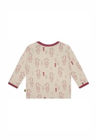 Camicia a maniche lunghe con sfondo crema, caratterizzata da un motivo ripetuto di cavallucci marini in bordeaux. Rifinita con polsini e colletto bordeaux.