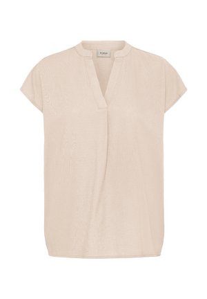 Béžová blúzka s krátkym rukávom, výstrihom do V a malým stojačikom, vyrobená z ľahkej látky.