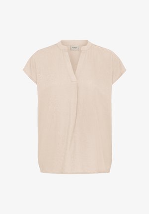 Beige kortærmet bluse med V-skåret halsudskæring og en lille stående krave, lavet af letvægtsstof.