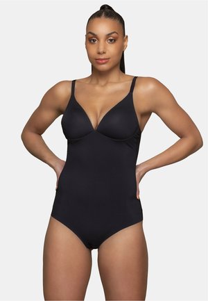 Costume da bagno intero nero con design a V, spalline regolabili e tessuto liscio ed elastico. Presenta un taglio moderato adatto a diverse forme del corpo.