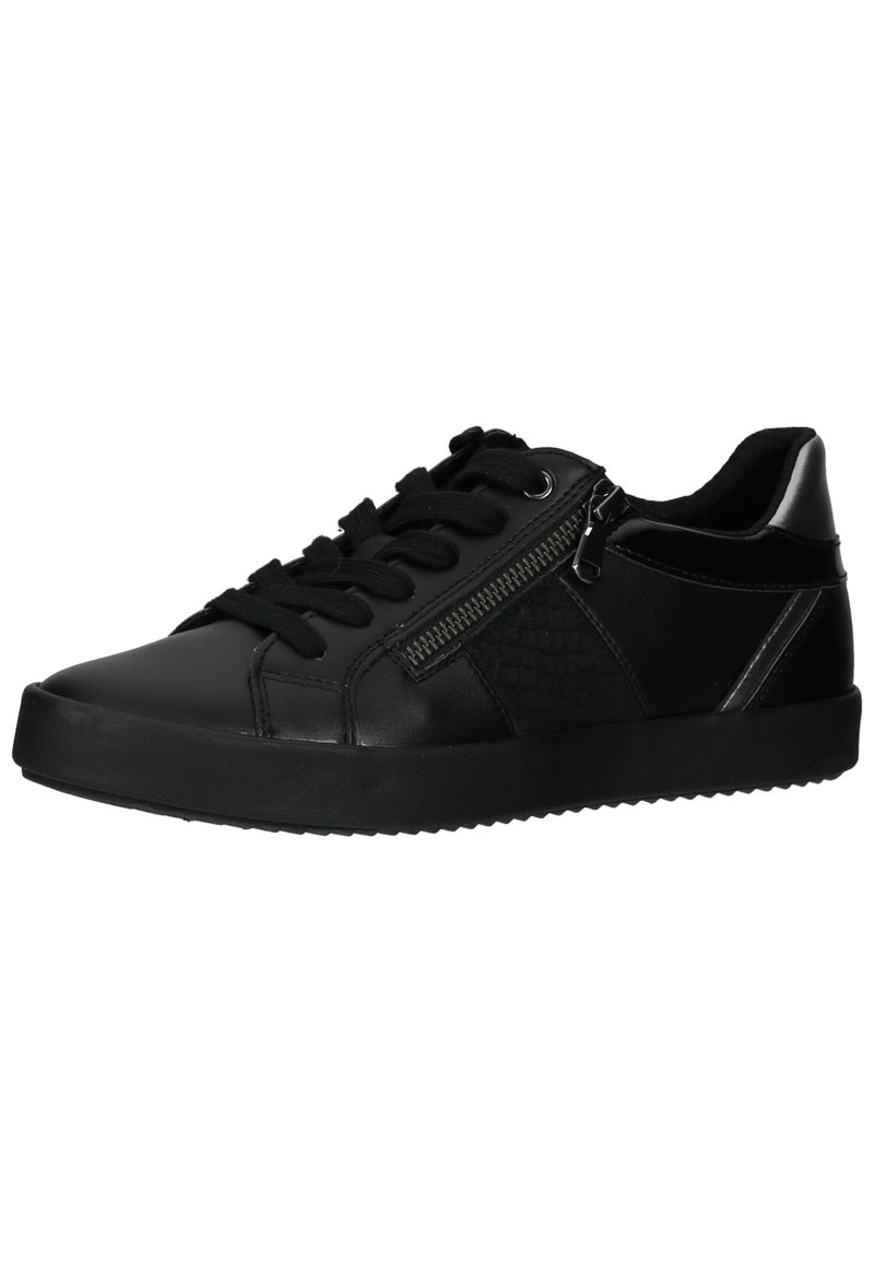 Zapatillas negras con una parte superior de cuero suave, detalles texturizados, sistema de cierre con cordones y cremallera lateral. Presenta una puntera redonda y suela de goma.