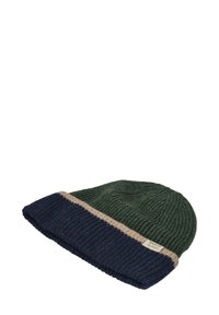 Knitted beanie in dark green and navy with a tan stripe, featuring ribbed texture and a stitched label. Soft, casual design.