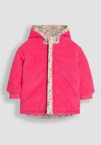 Giacca in pile rosa con cappuccio. Presenta un motivo floreale all'interno del colletto e lungo la zip frontale. Polsini e orlo a coste.