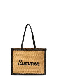 Toka z plecionego słomy z czarnymi plecionymi uchwytami i czarną obramówką, z napisem "Lato" wyszytym kursywą z przodu.