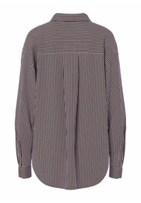 Chemise à manches longues avec des rayures fines noires et blanches verticales et horizontales, poignets boutonnés et coupe ample, vue de dos.