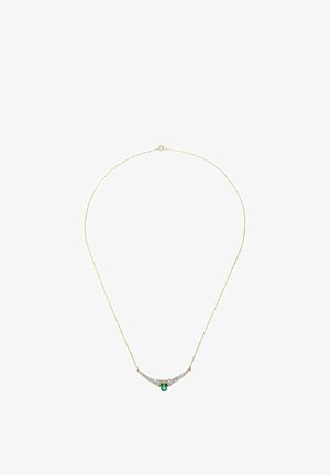 Kullast kaelakee, millel on abstraktne disain ja keskmes roheline vääriskivi, mida ääristavad läbipaistvad aktsendid, õhukesel kettal.