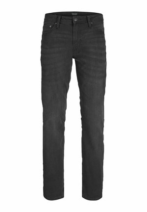 Jean noir droit avec bouton et fermeture éclair à l'avant, passants pour ceinture et design cinq poches.
