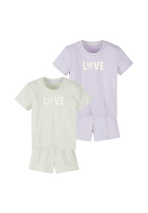 Two short-sleeve pajama sets with shorts, one light purple and one off-white, both with the word LOVE and a heart graphic on the shirts.