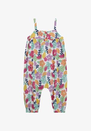 Gėlių romperis su spaghetti dirželiais, daugiabriaunė spauda, vaizduojanti vaisius ir gėles, elastiniai rankogaliai ir mygtuko detalė ties krūtine.