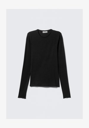 Black long-sleeve shirt made of soft fabric. Features a crew neckline and slightly frayed cuffs, with a relaxed fit and minimal design.