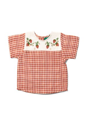 Red and white gingham short-sleeve shirt with a white embroidered strawberry design on the yoke. Soft cotton fabric, round neckline.