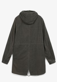 Grå hættejakke med lige snit, elastiske manchetter og snøring i kanten. Fremstillet af tekstureret stof med en søm ned langs ryggen.