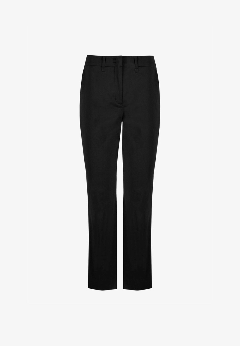 Pantalons noirs ajustés avec une coupe droite, confectionnés dans un tissu lisse ; dotés d'une fermeture à bouton et à zip à la taille.
