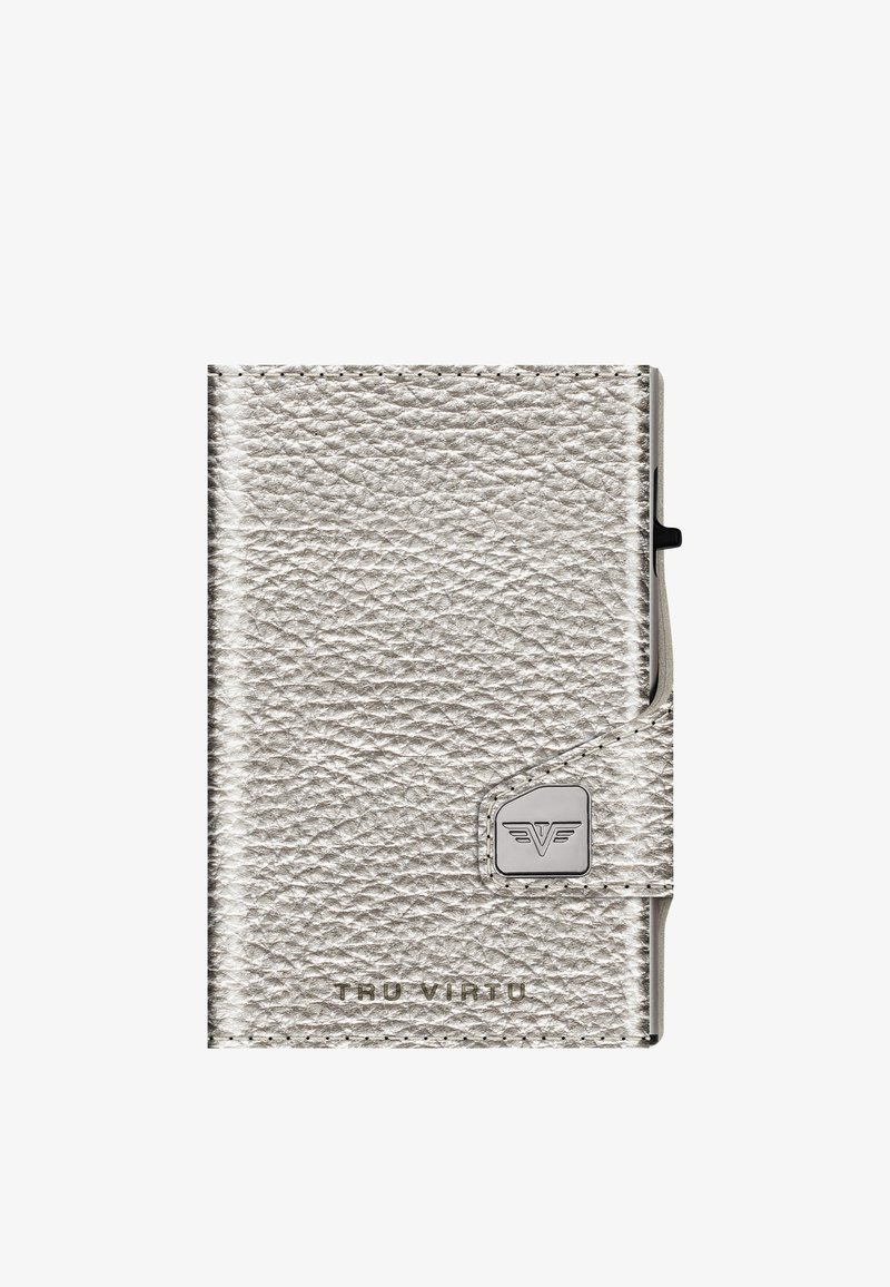Metallic silver wallet with a textured finish, featuring a silver logo plate and a snap closure. Compact rectangular shape, sleek design.