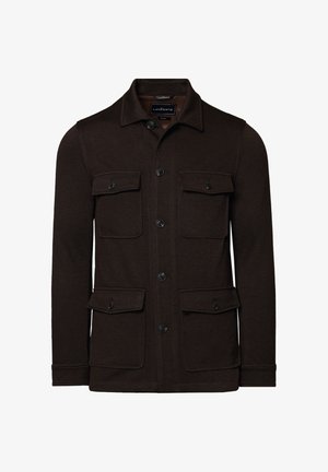 Brązowa kurtka z wełny o mieszanym składzie, z kołnierzykiem, sześcioma guzikami z przodu i dwoma dużymi kieszeniami z przodu. Slim fit z teksturowanym materiałem.