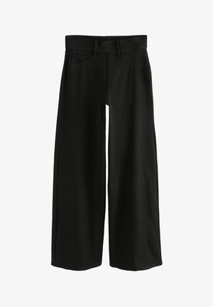 Black wide-leg pants made of denim fabric, featuring a standard waistband, belt loops, and front pockets. Smooth texture with no visible patterns.
