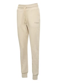 Beige taps toelopende joggingbroek met elastische tailleband, trekkoord, zijzakken, geribde enkelboorden en een subtiel logo op het bovenbeen.