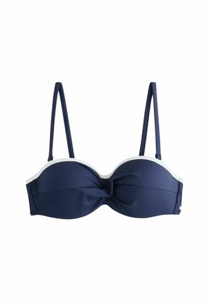 Tmavě modrý vršek bikin s bílým lemem, překříženým předním detailem a nastavitelnými tenkými ramínky.