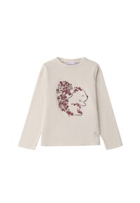 Langärmliges cremfarbiges Baumwoll-T-Shirt mit einem floralem Bärenkonturdesign in Pink, verziert mit zarten Blumen und subtilen funkelnden Akzenten am Saum.