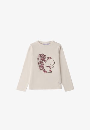 Maglietta a maniche lunghe in cotone color crema con un design di contorno di un orso floreale in rosa, adornata con fiori delicati e sottili riflessi scintillanti all'orlo.
