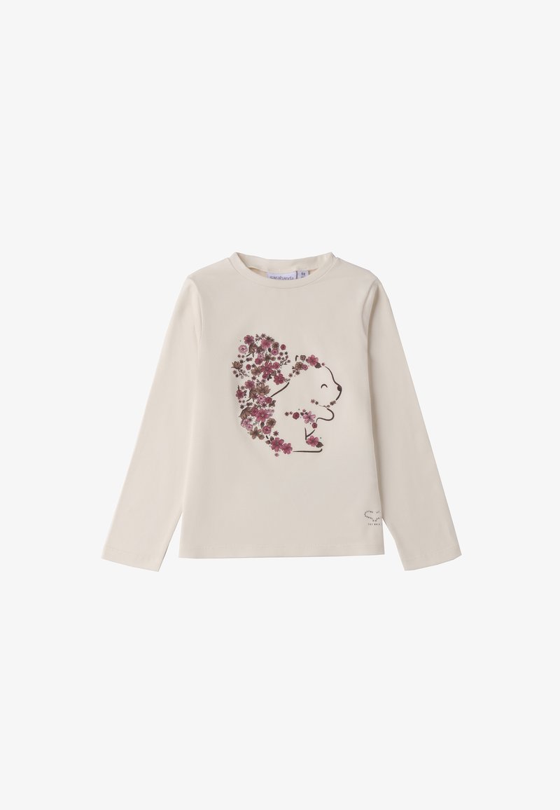 Langärmliges cremfarbiges Baumwoll-T-Shirt mit einem floralem Bärenkonturdesign in Pink, verziert mit zarten Blumen und subtilen funkelnden Akzenten am Saum.