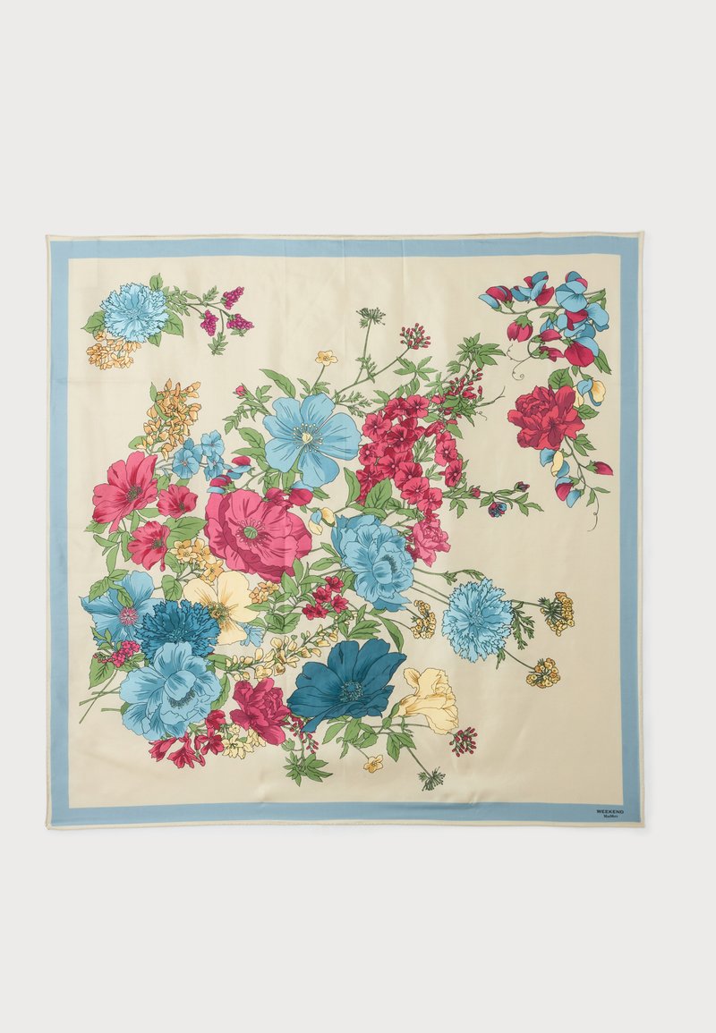 Foulard carré avec un fond crème, une bordure bleue, et un motif floral en bleu, rouge, rose, jaune et vert.