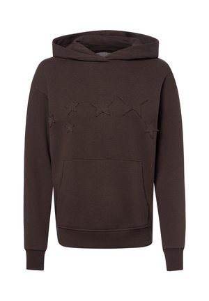 Bruine hoodiesweater met voorzak en geperste sterontwerpen op de borst.